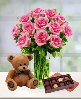12 Pink Roses, Bear & Chocolates